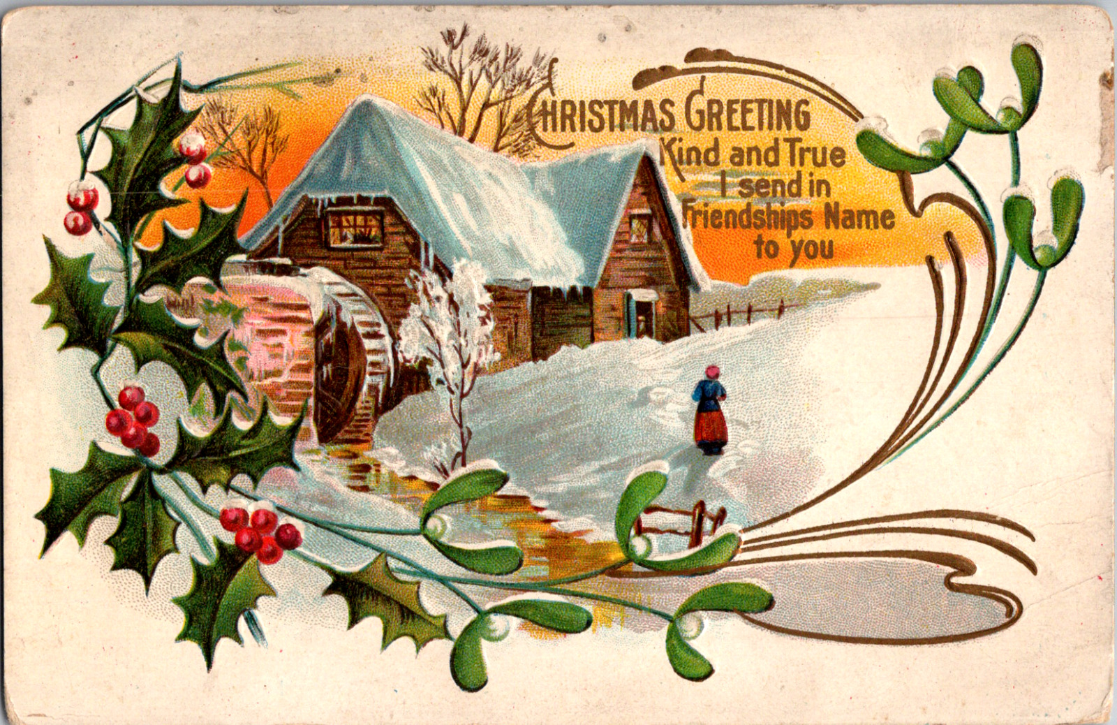 Vintage C1910 Christmas Greeting Beautiful Winter Scene Frozen Water Wheel Blank