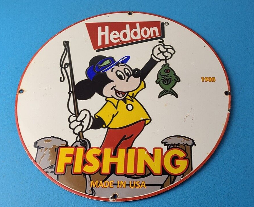 Vintage Heddon Fishing Tackle Sign - Mickey Mouse Gas Pump Porcelain Sign