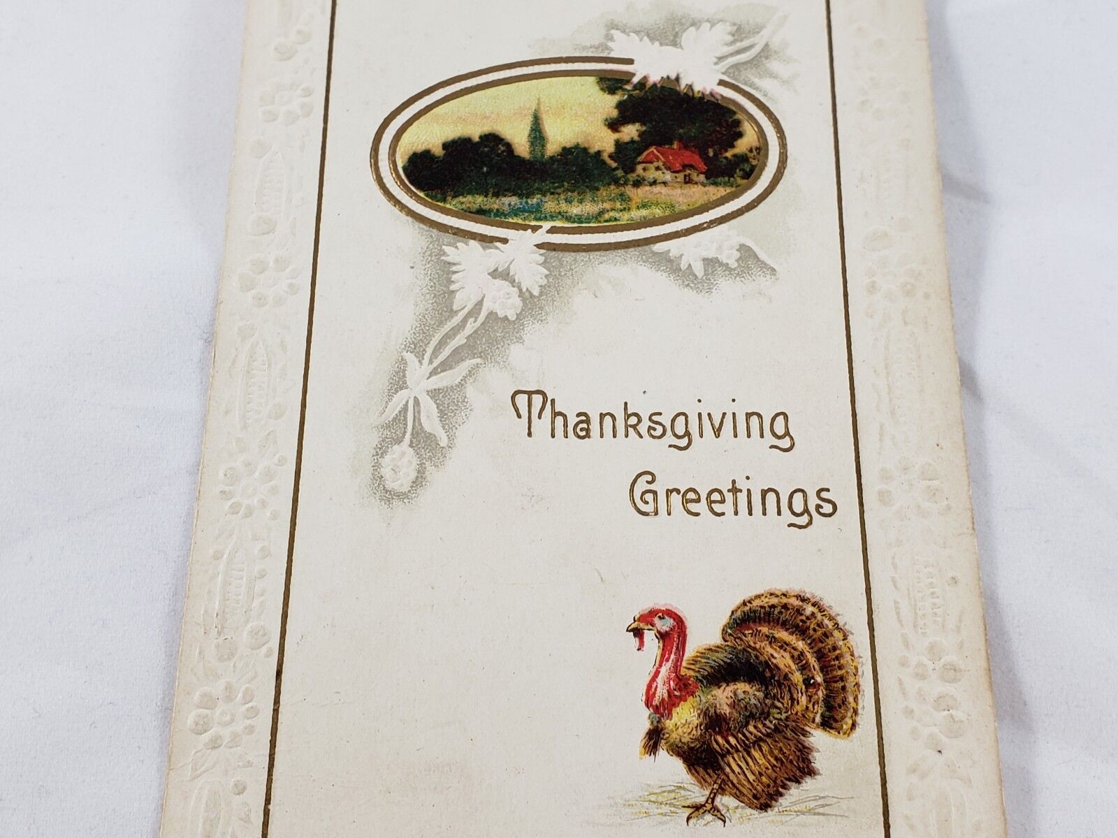 C 1912 Embossed Thanksgiving Greetings Farm Scene Turkey JJ Marks Postcard 