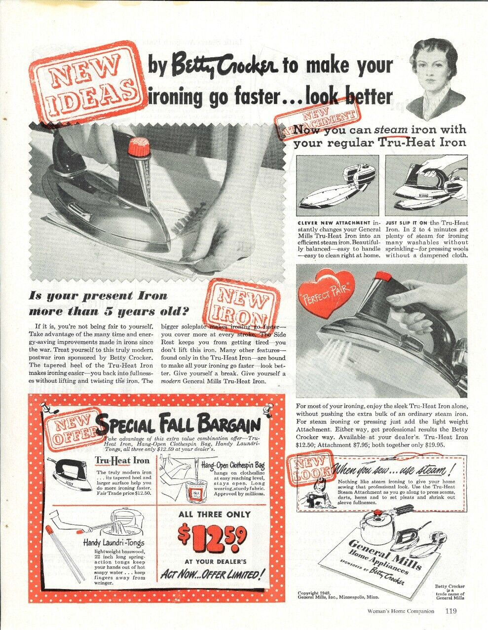 1948 BETTY CROCKER Steam Clothes Iron Special Bargain Vintage Magazine Print Ad