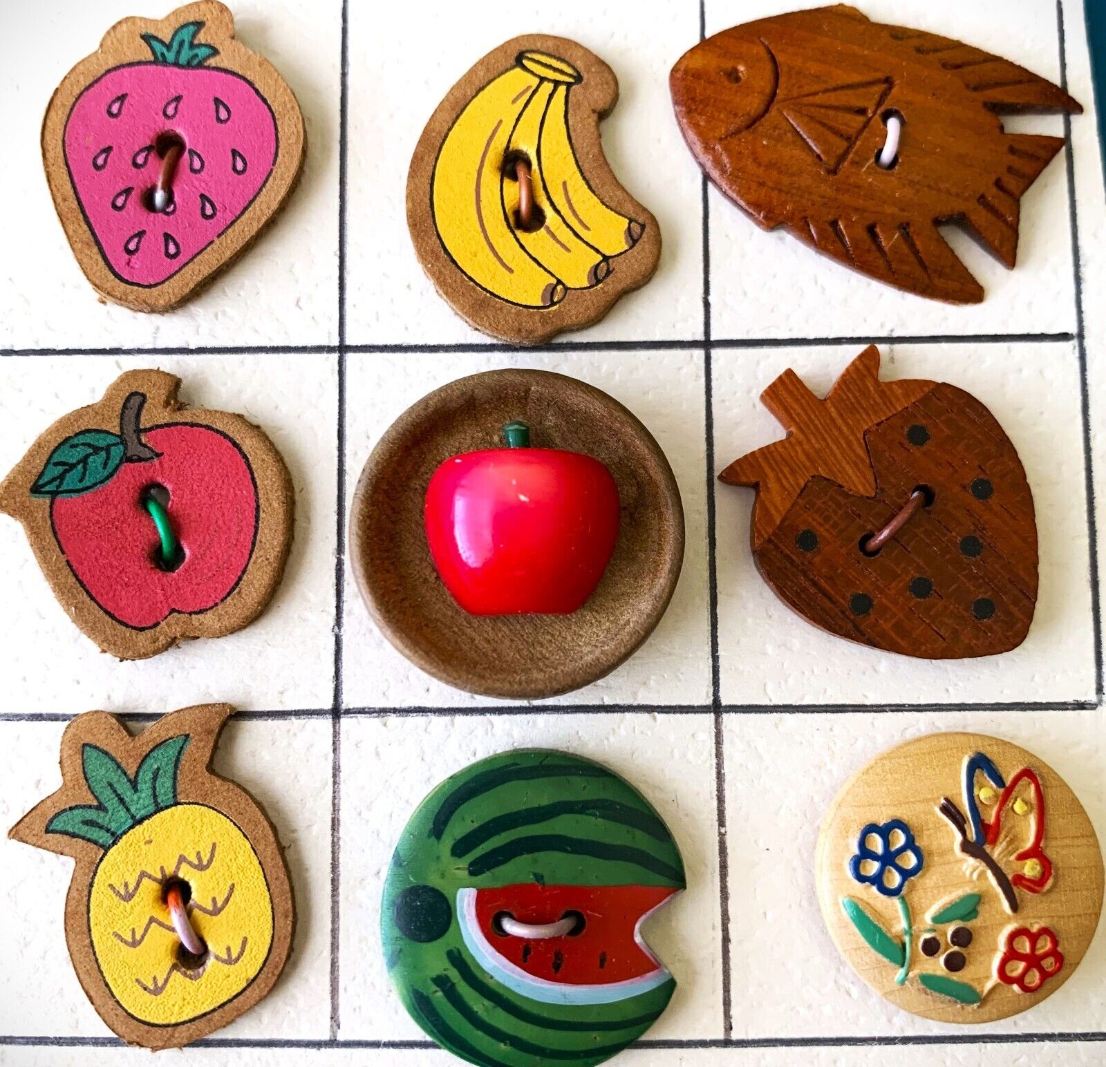 Vintage Painted Leather and Wood Buttons - Fruit, Fish, Butterfly