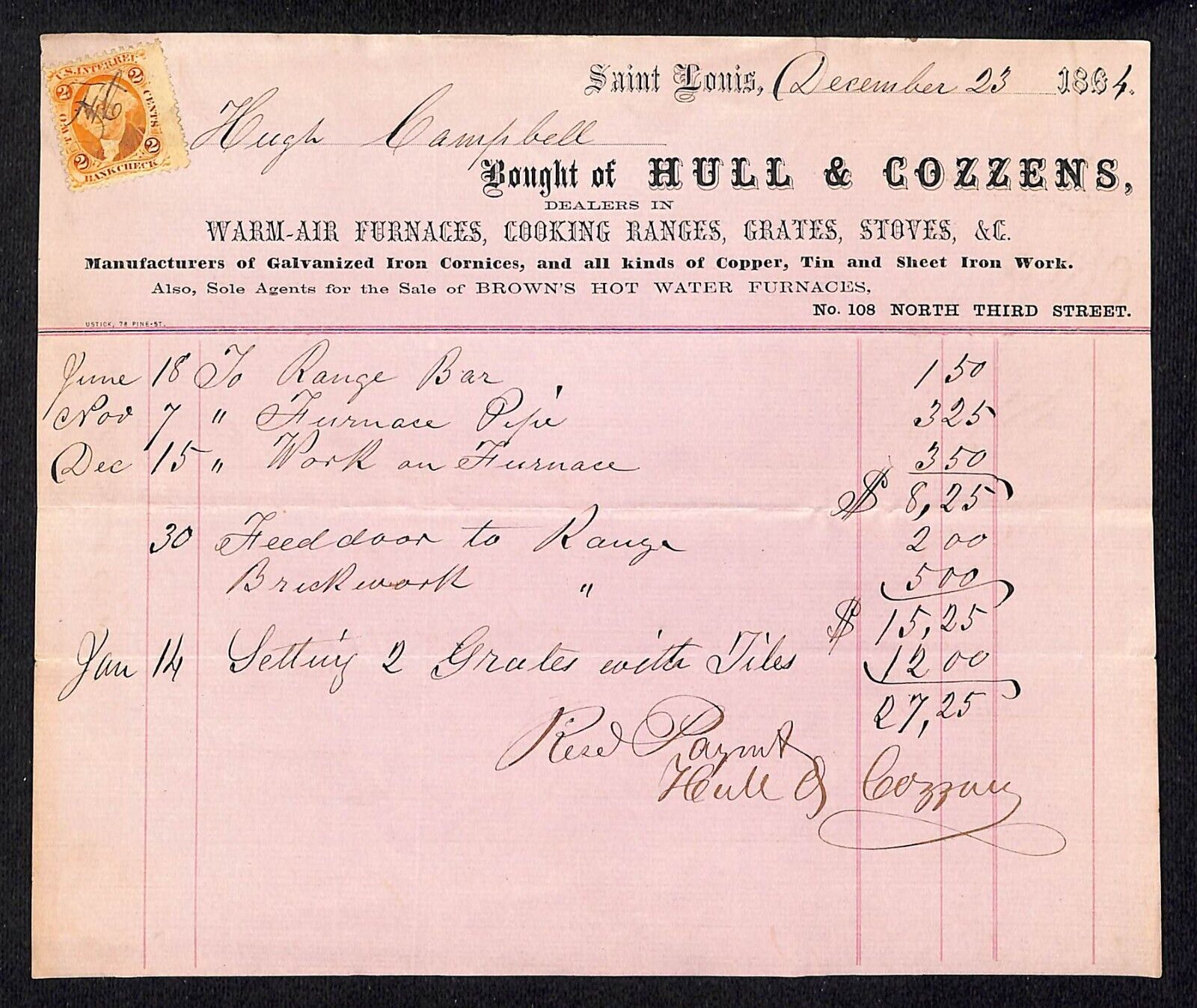 Hull & Cozzens St. Louis, MO Warm Air Furnaces Ranges 1864 Billhead Tax Stamp