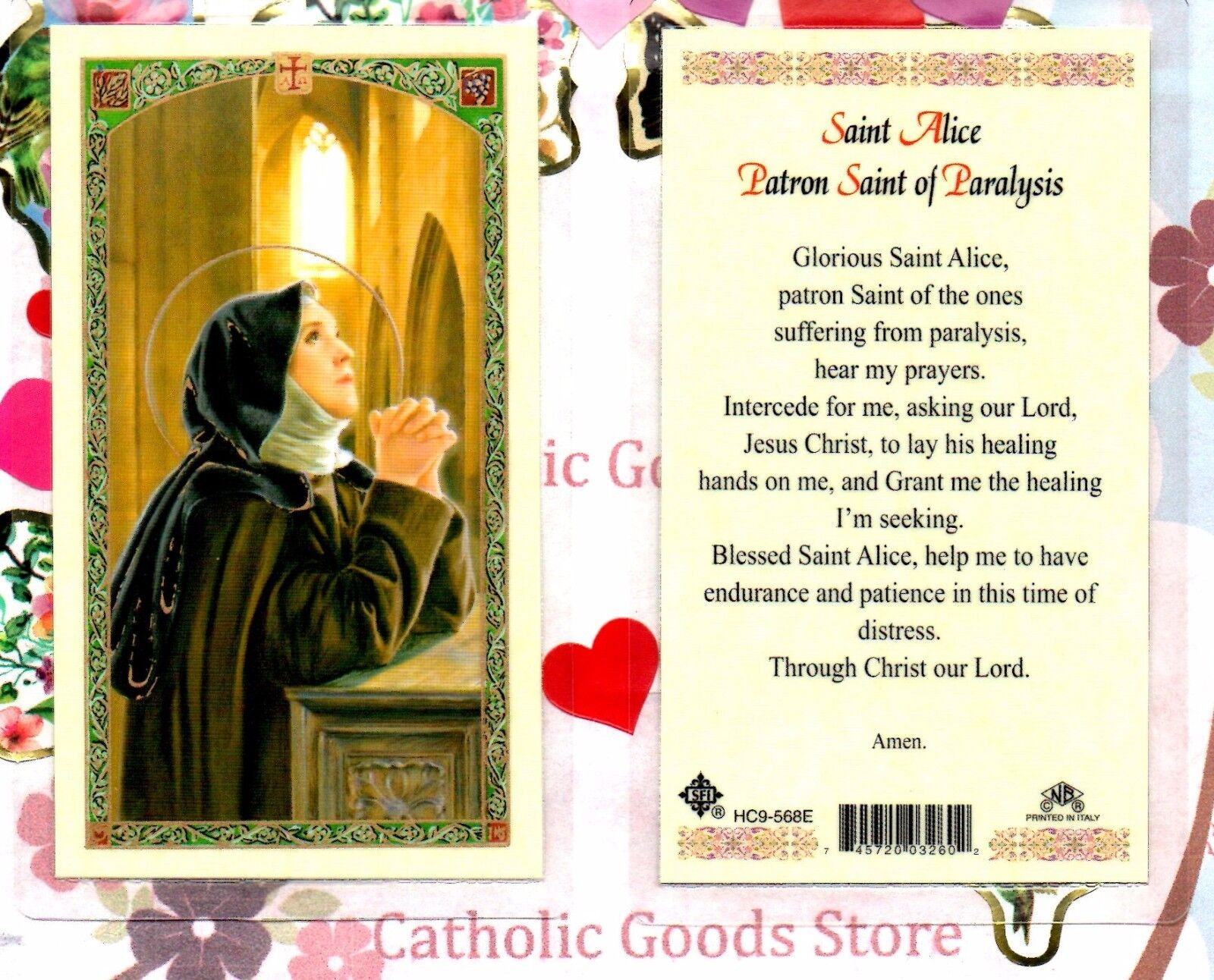 Saint St. Alice with Prayer - Patron Saint of Paralysis - Laminated Holy Card