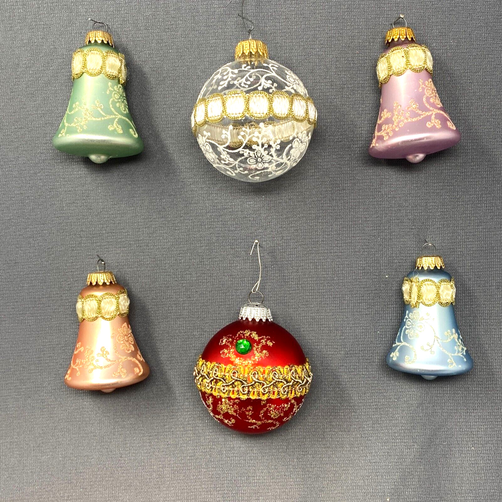 VTG Glass Christmas Ornaments Krebs Bells Balls Scroll Flower Glitter MCM Lot/ 6
