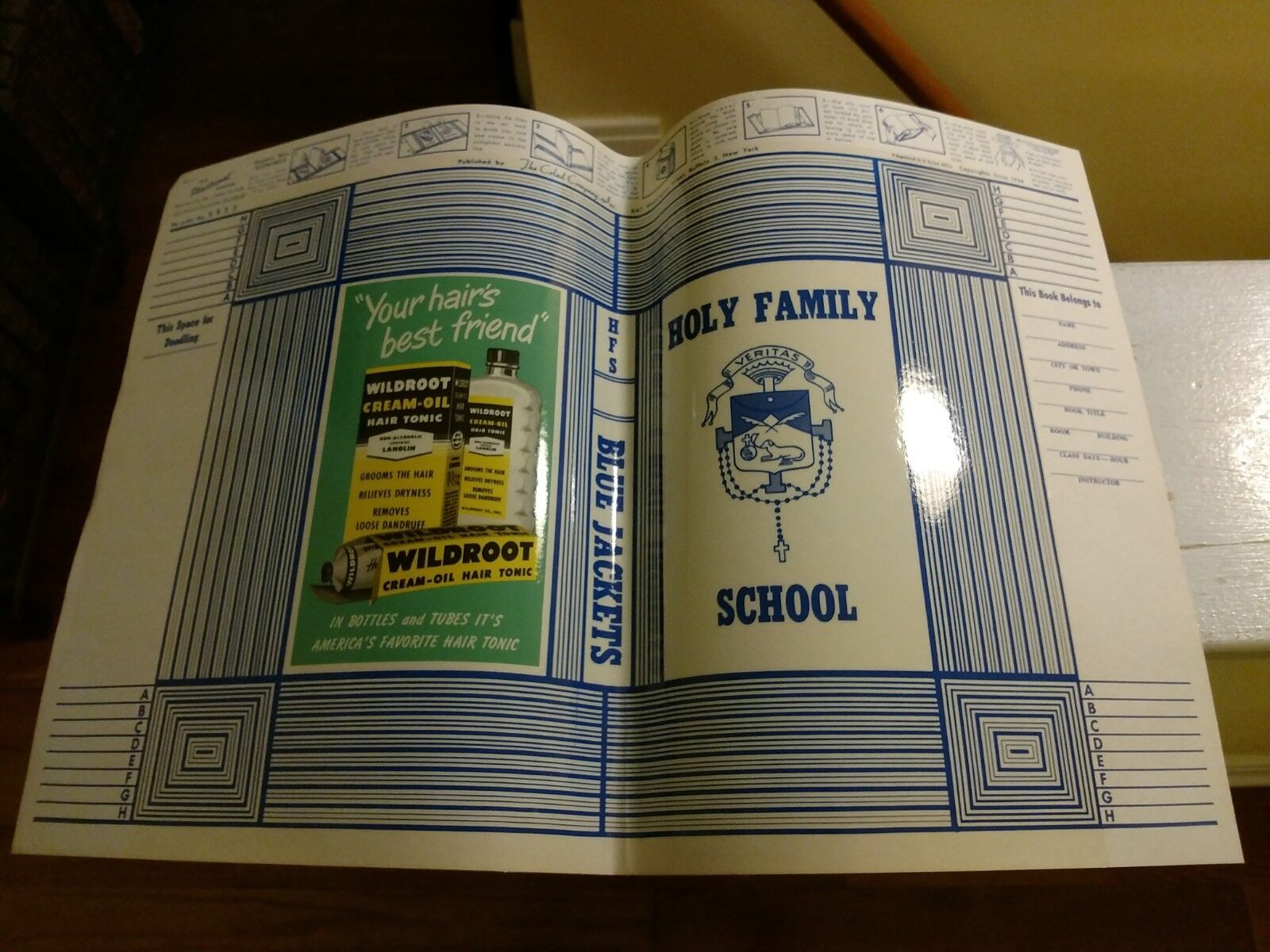 1940s Unused Holy Family School BLUE JACKETS Book Cover / Wild Root Hair Tonic
