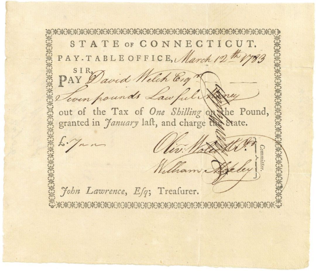 1783-1788 dated Pay Table Office Order from War Taxes signed by Oliver Wolcott, 