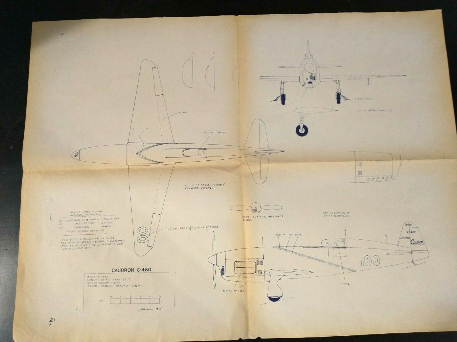 1934 CAUDRON C-460 AIRPLANE AIRCRAFT  Drawing Specs NATIONAL AIR RACES