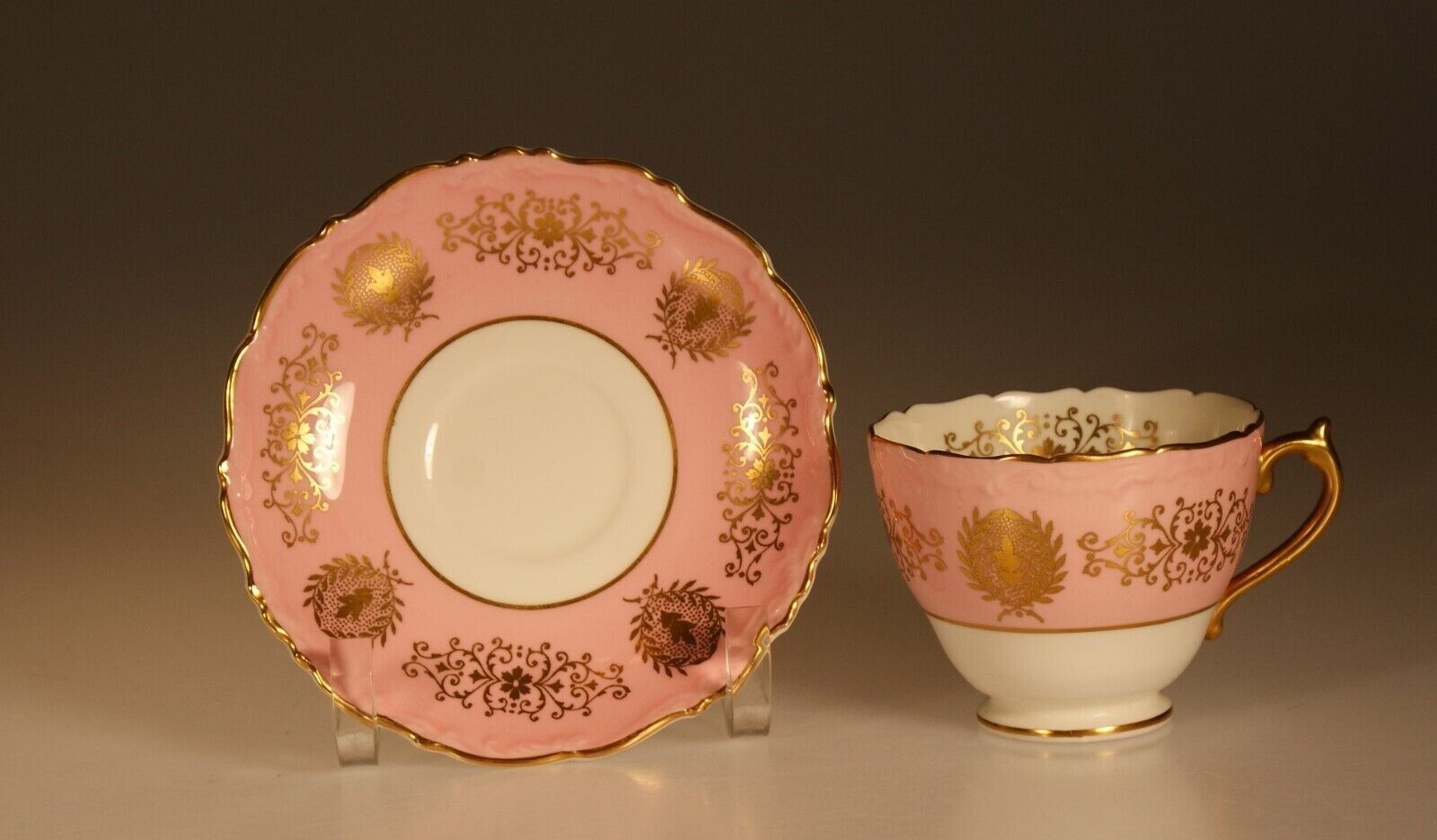 English Coalport Pink Gold Gilt Embossed Tea Cup & Saucer c.1955