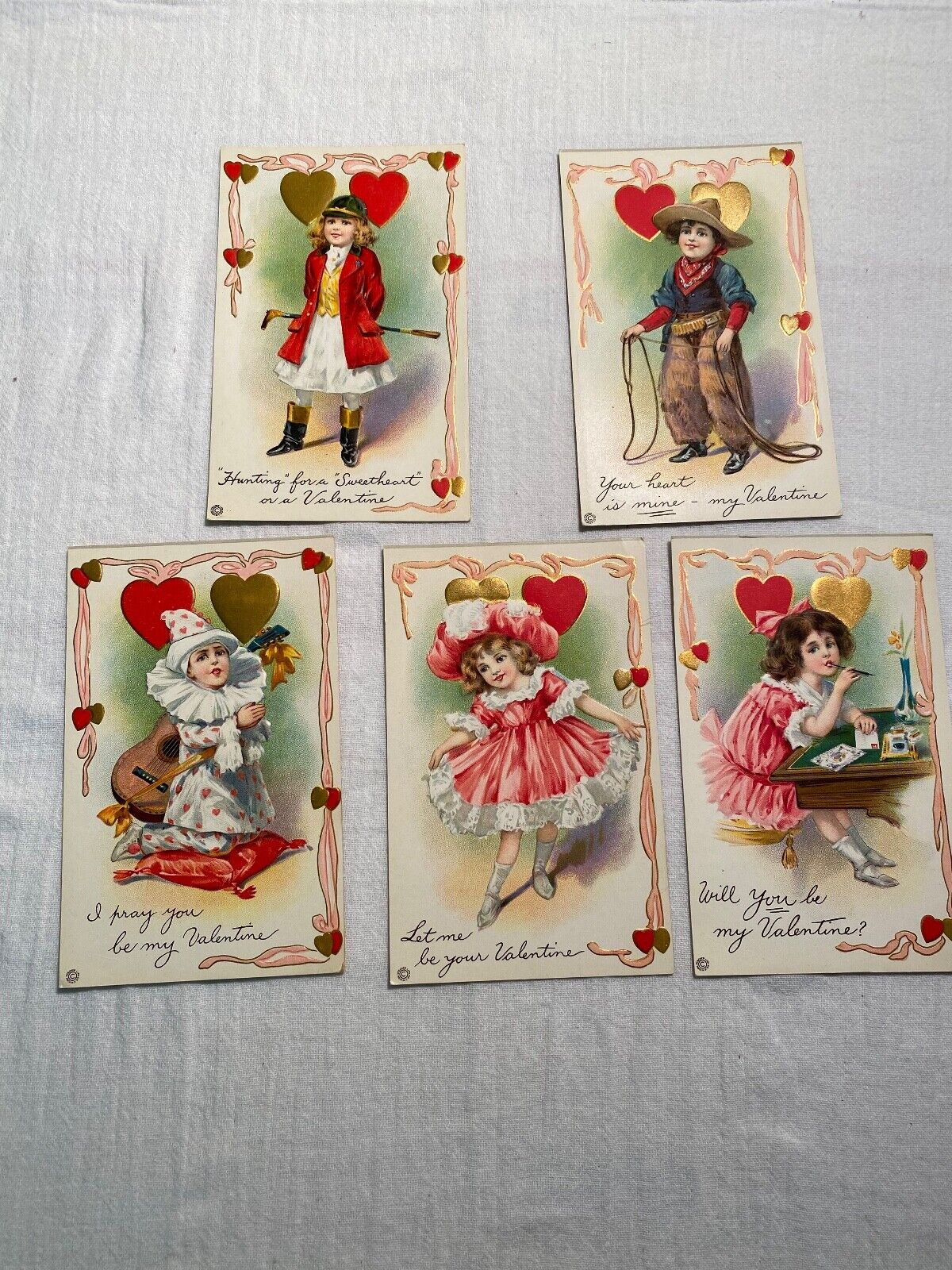 Set of 5 Vintage Valentine Postcards Kids Hearts Embossed Charming Series 313