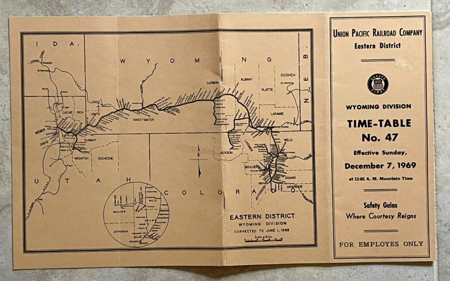 Vintage 1969 Union Pacific Railroad Wyoming Timetable #47 For Employees Pamphlet