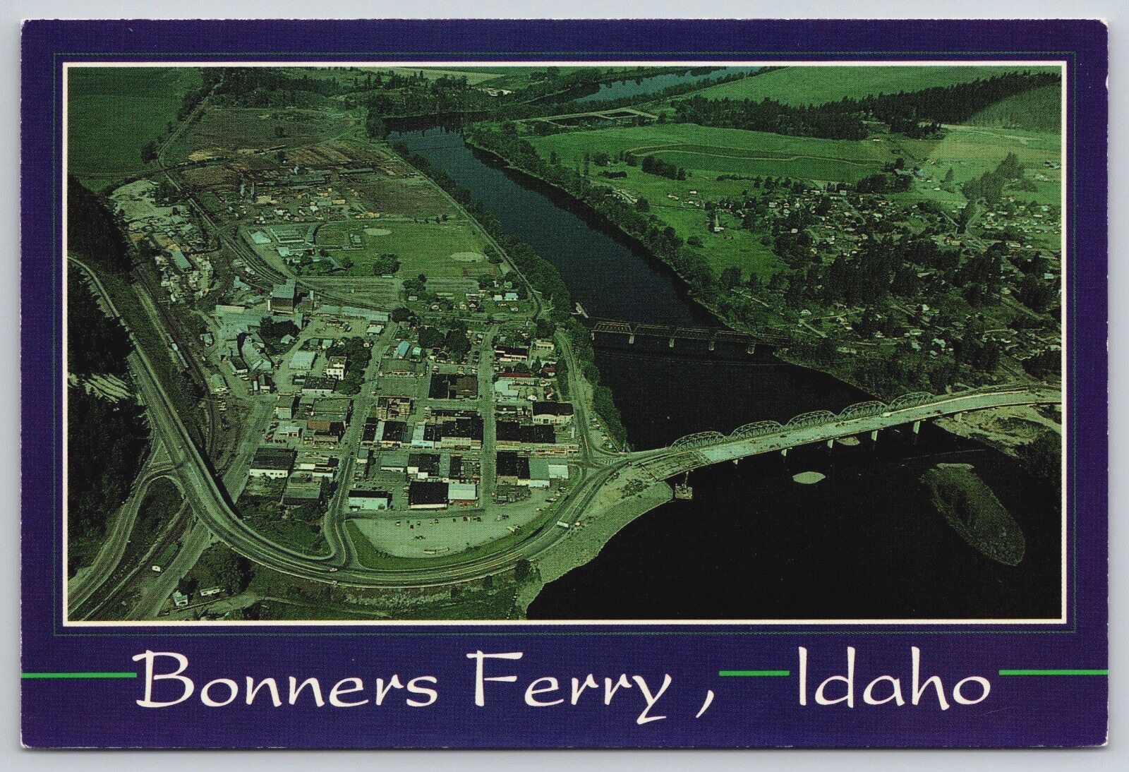 Aerial View Bonners Ferry Idaho ID Downtown Bridges Kootenai River Postcard B21