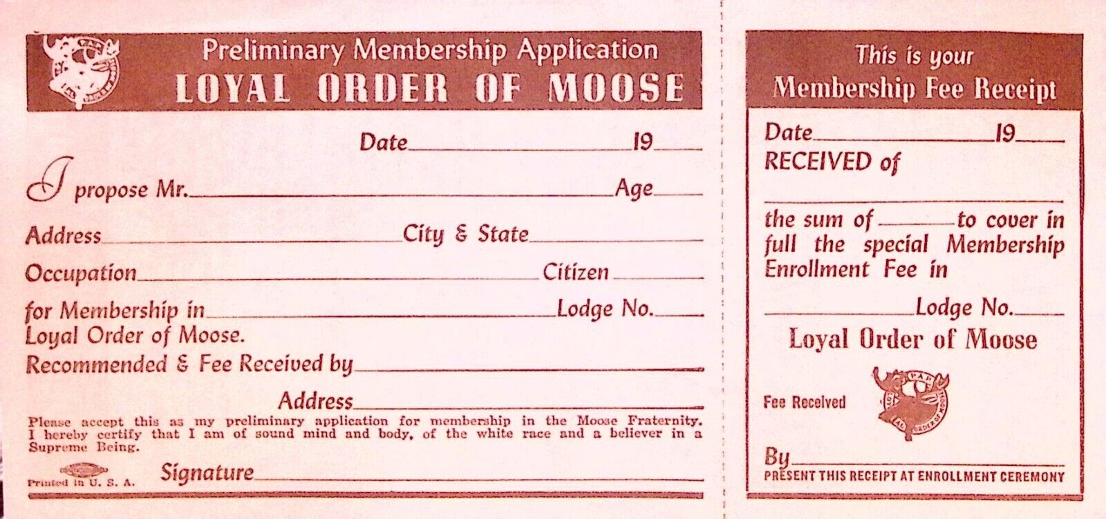 LOOM Loyal Order of Moose Preliminary Membership Application & Receipt