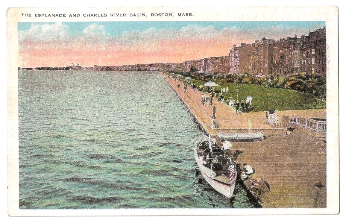 Boston Massachusetts c1920\'s Esplanade, Charles River Basin, boat, residences