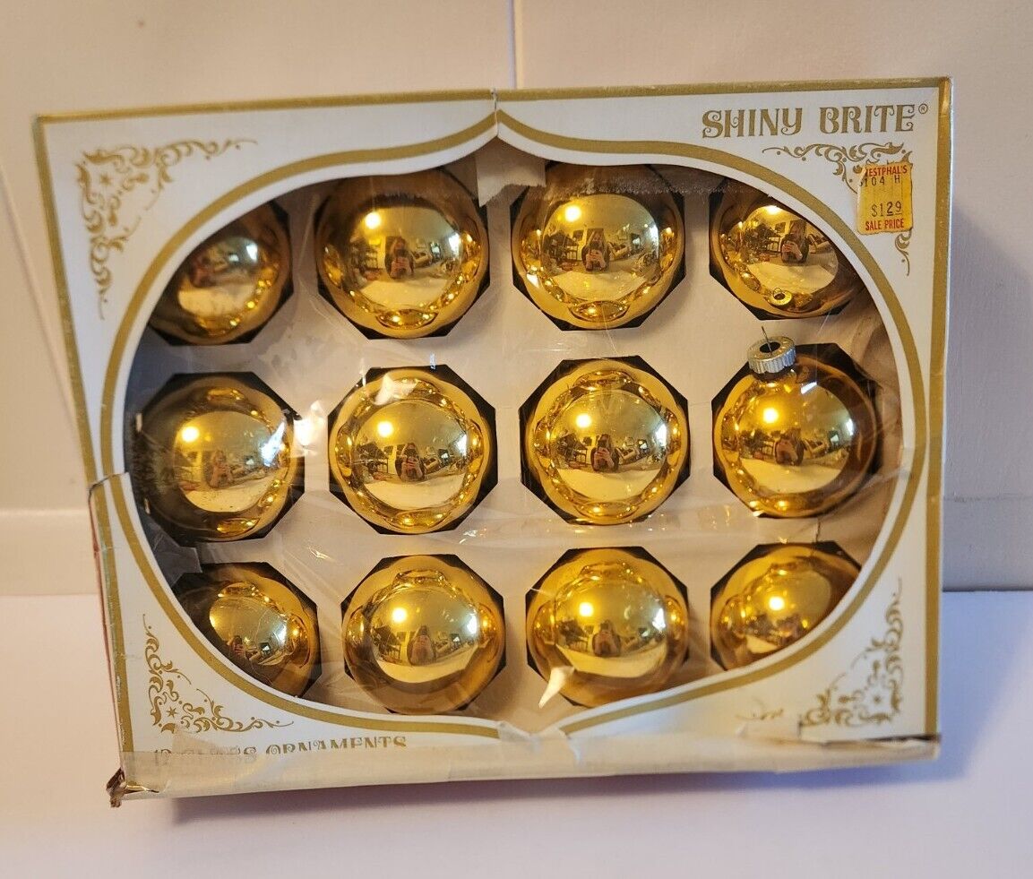 Vintage Christmas Ornaments Shiny Brite Gold Box of 12  MCM 2 3/8”