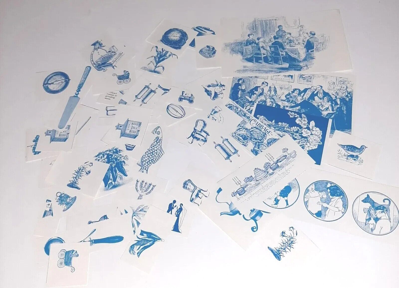 Vintage Blue White paper Junk Journal Collage Ephemera Lot of 50 pieces