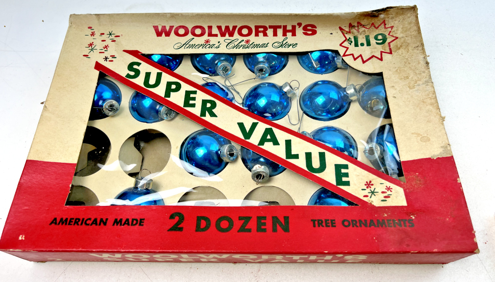 Vintage Woolworth's Glass Christmas Ornaments - Box of 19