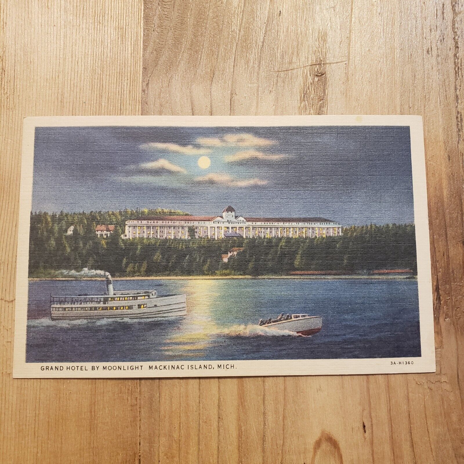 Vintage Grand Hotel Moonlight Mackinac Island Linen Postcard Photo Souvenir