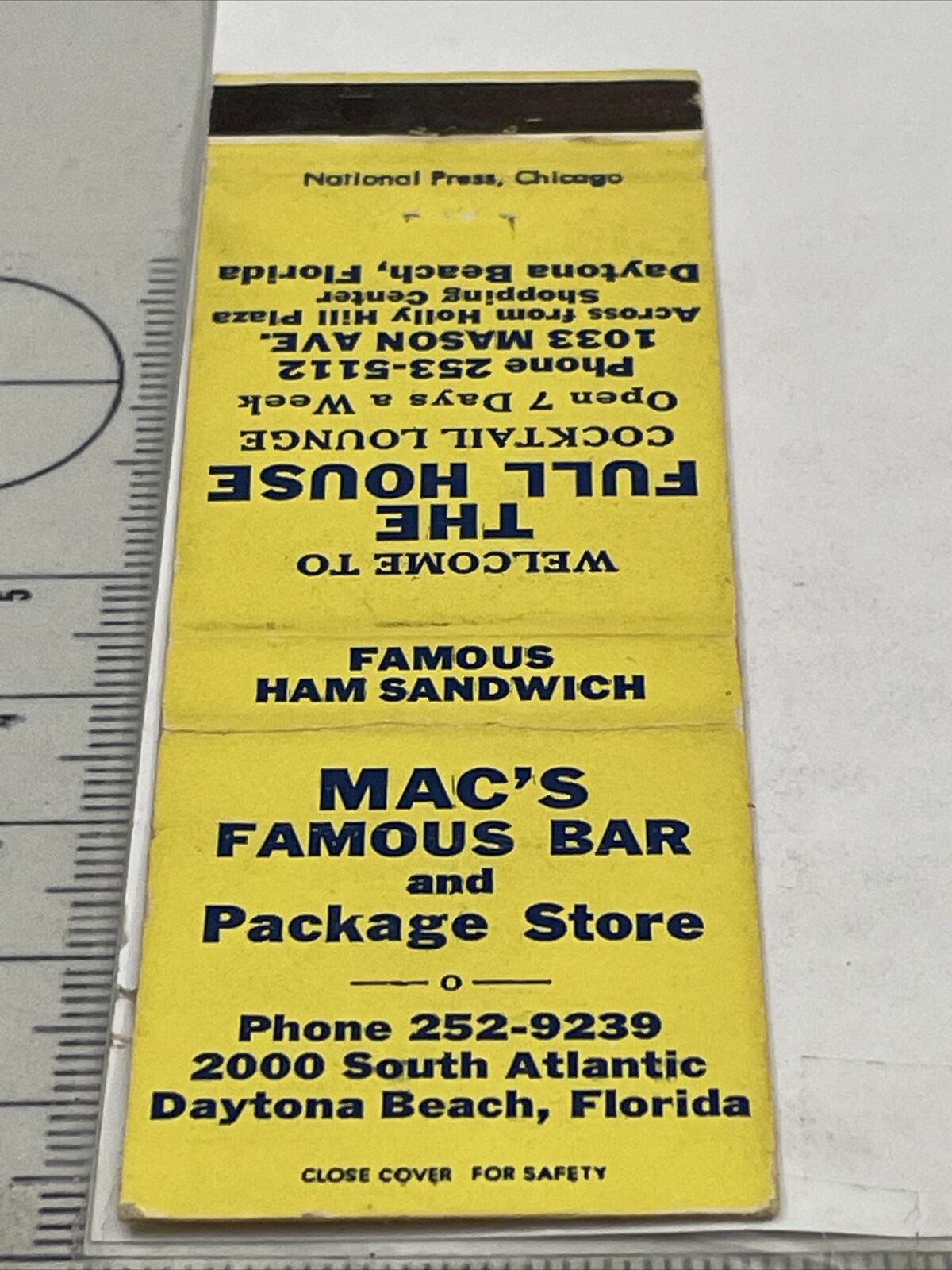 Matchbook Cover  Mac’s Famous Bar and Package Store Daytona Beach, FL  gmg