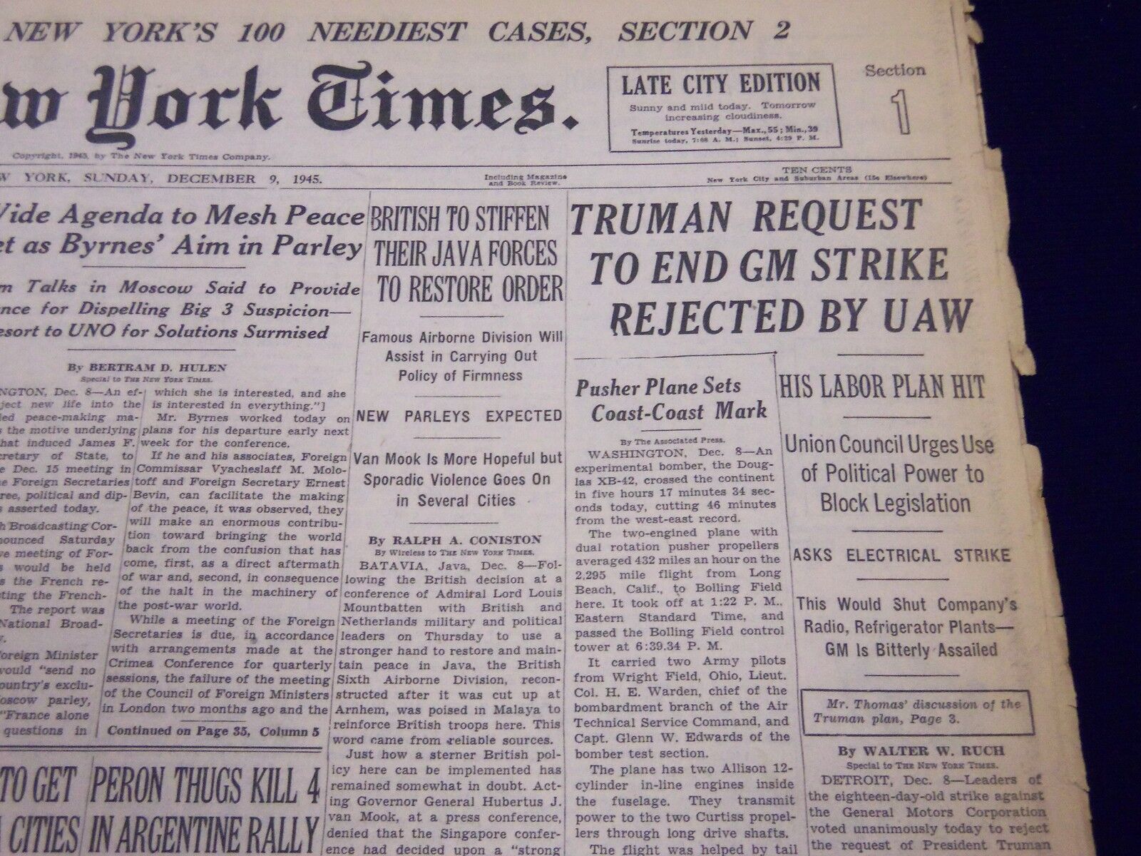 1945 DEC 9 NEW YORK TIMES - TRUMAN REQUEST TO END GM STRIKE REJECTED - NT 267