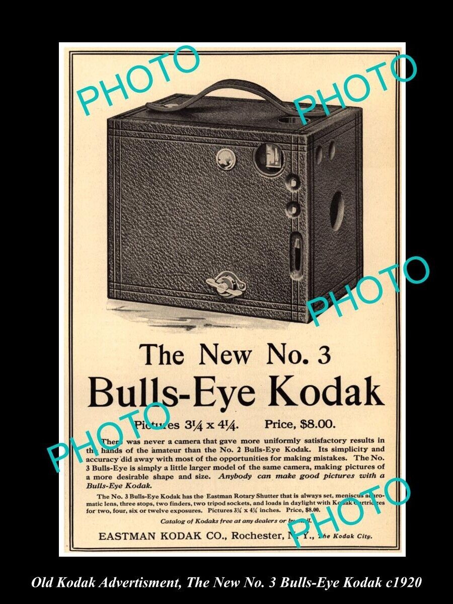 OLD LARGE HISTORIC KODAK CAMERA ADVERTISMENT THE No 3 BULLS EYE KODAK c1920