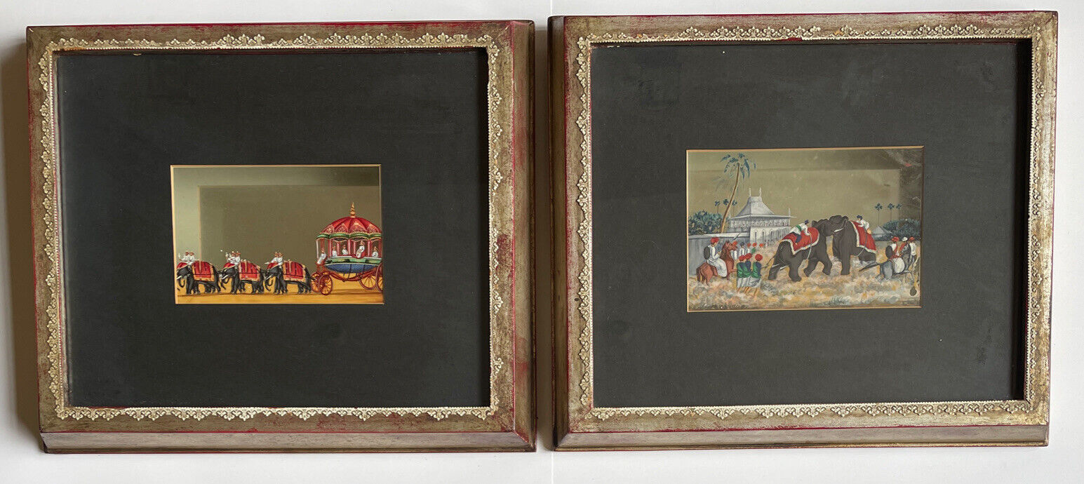 Pair of Reverse Painted Persian Pictures / Elephants
