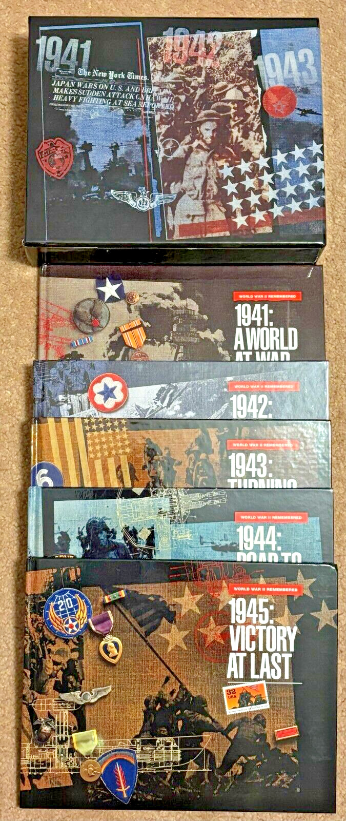 WW2 REMEMBERED 1941, 1942, 1943, 1944, 1945 A WORLD AT WAR BOOKS W/STAMPS USPS