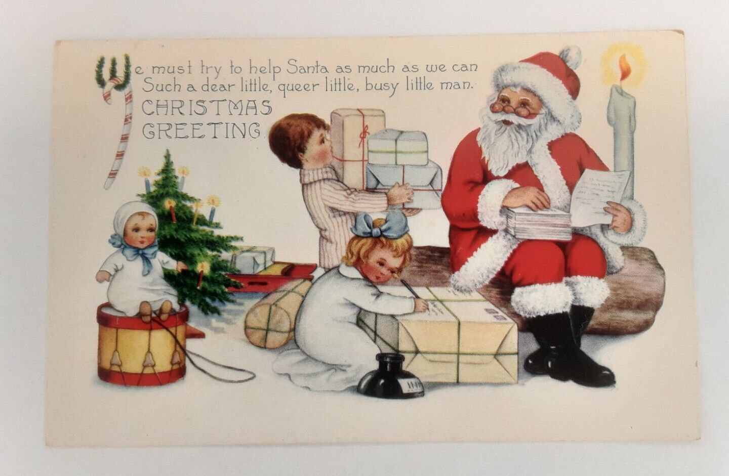 Christmas Post Card Whitney Made Embossed Santa and Little Children Candlelight