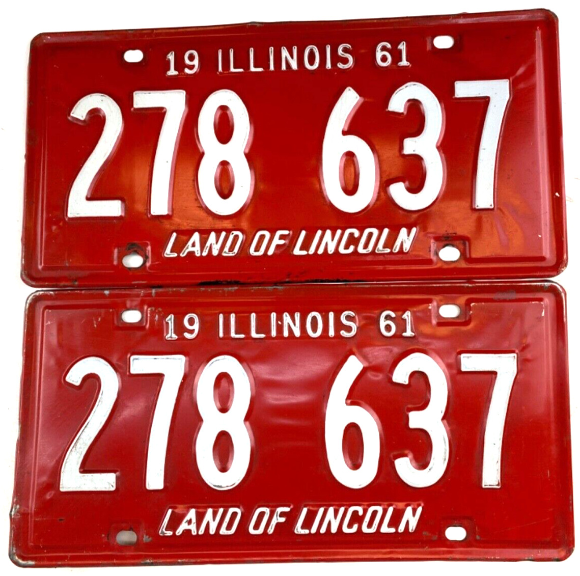 Vintage Illinois 1961 License Plate Set 278 637 Man Cave Wall Decor Collector