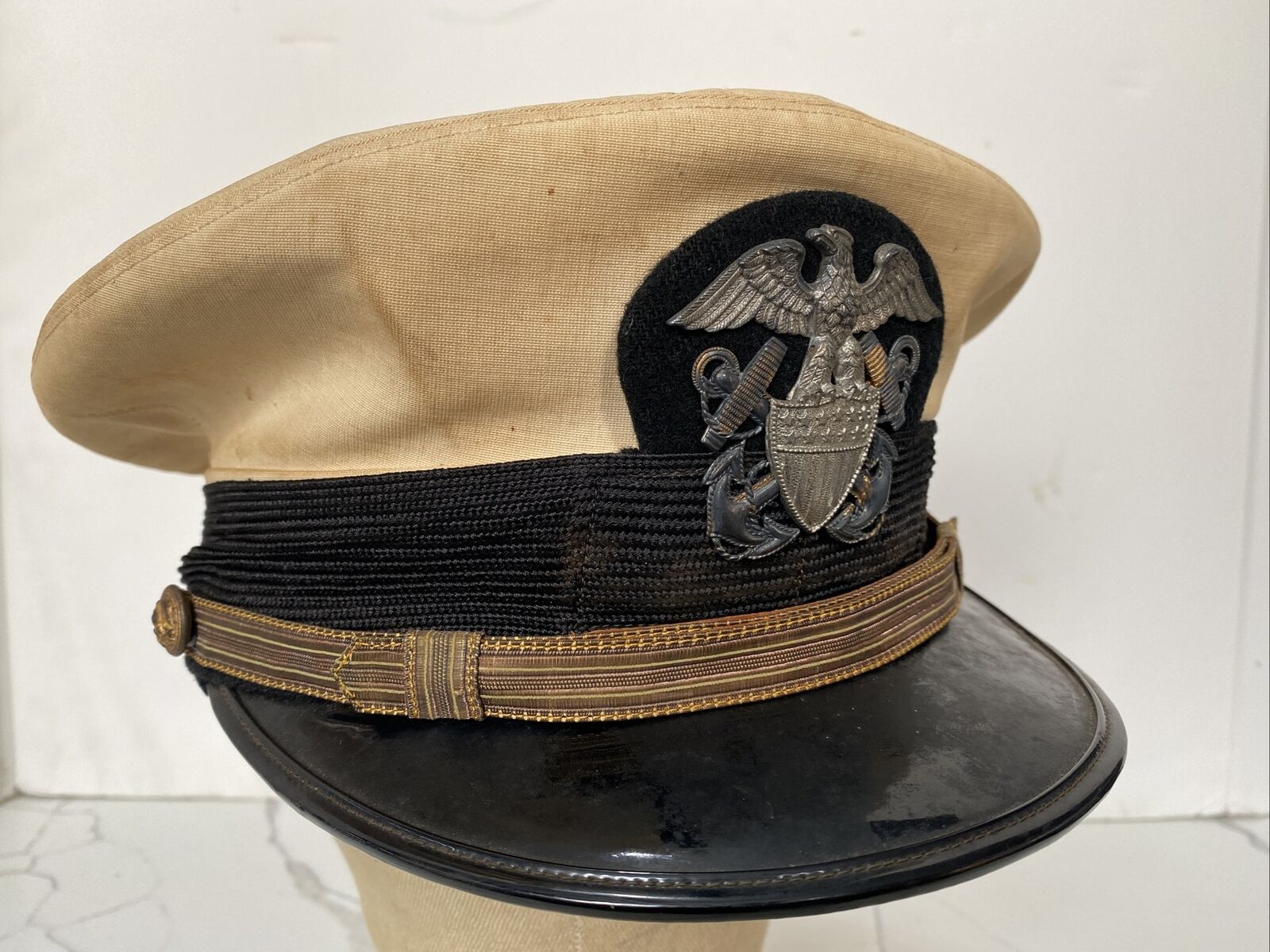 Original Post WW2 US USN Navy Officers White Top Peak Cap Hat Japanese Made