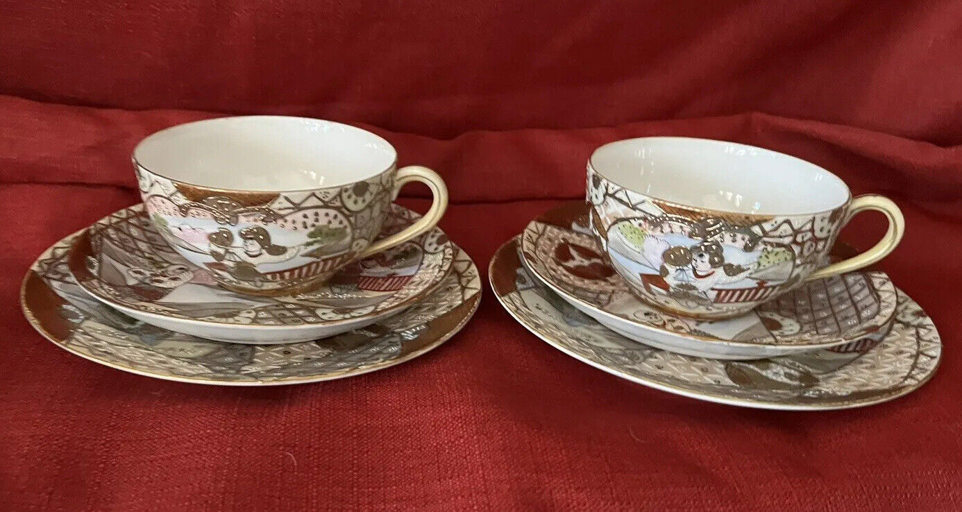 2 Royal Satsuma Nippon Cup Saucer Dessert Plate Sets Hand Painted Antique