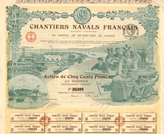 Chantiers Navals Francais Societe Anonyme - French Ship Building Stock Certifica