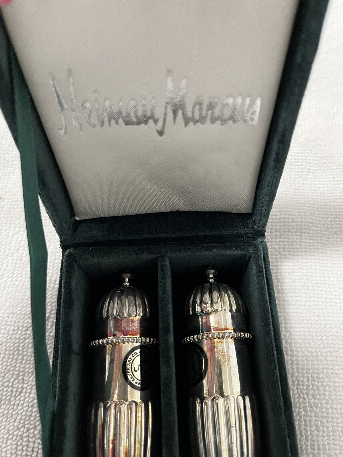 Vintage Neiman Marcus Godinger Silver Salt & Pepper Shakers in Velvet Box