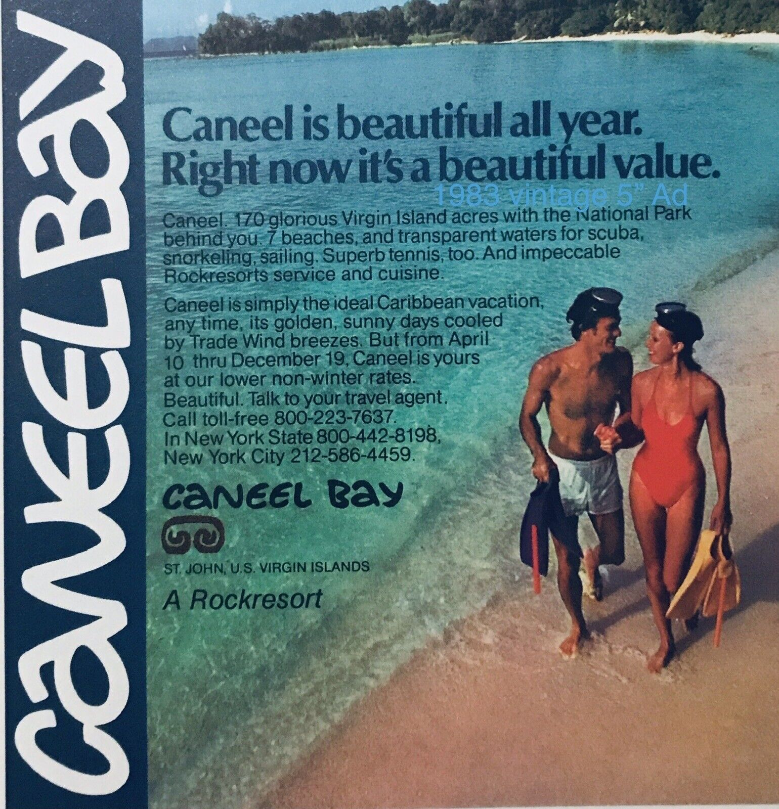 Vtg 1983 Caneel Bay Virgin Islands Tourism PRINT AD 5”  Beach  Couple Ocean