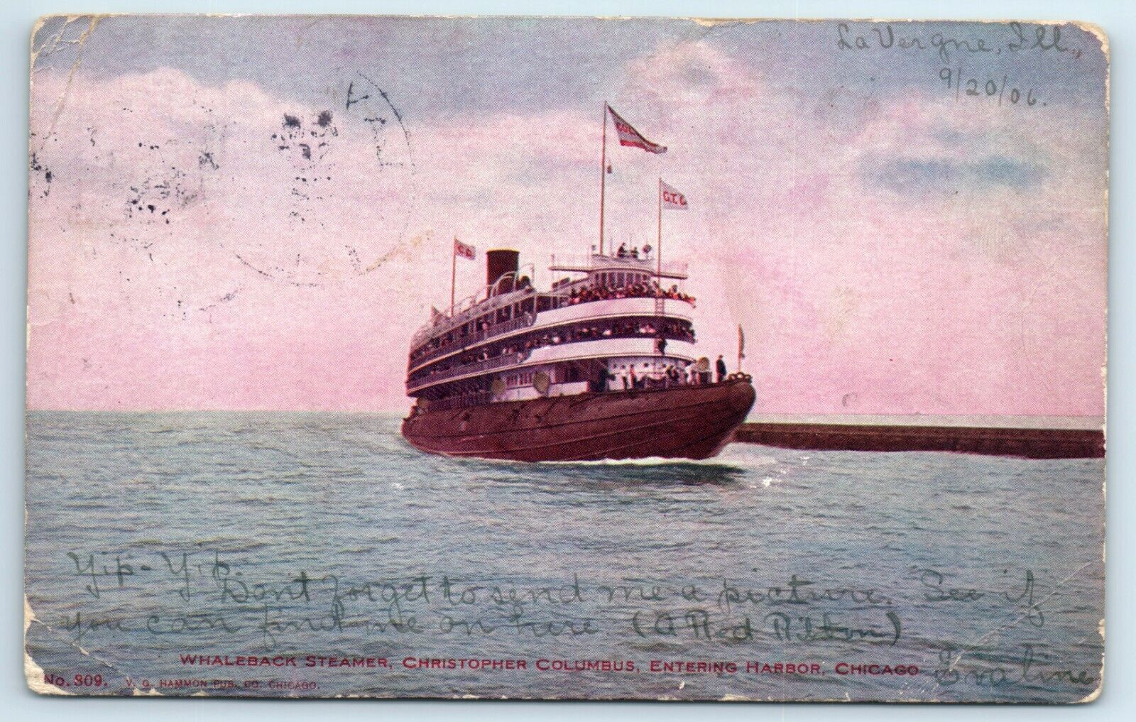 Postcard Whaleback Steamer Christopher Columbus entering Harbor Chicago 1906 H96