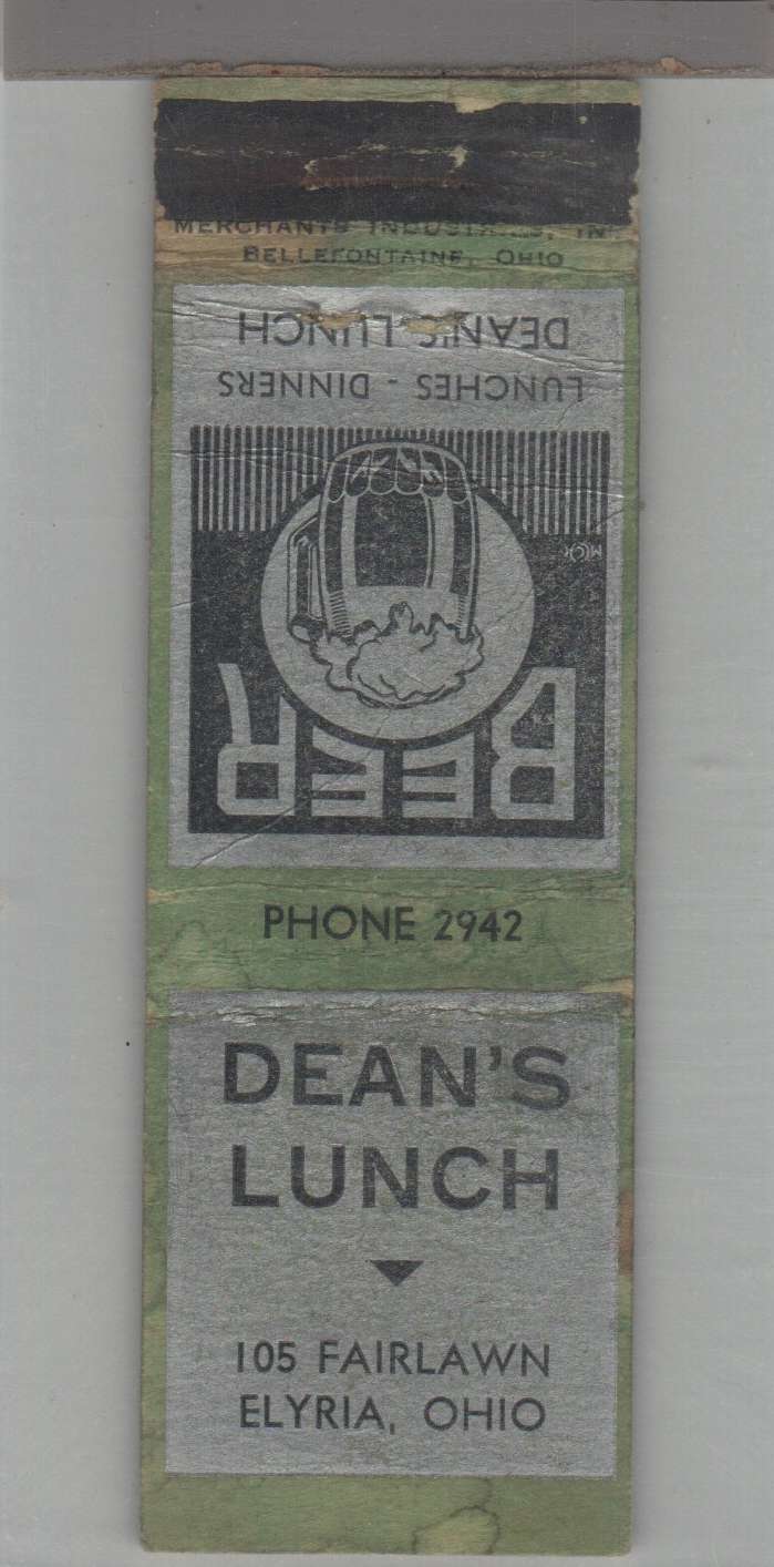 Matchbook Cover - 1930s Merchant Industries - Dean\'s Lunch Elyria, OH