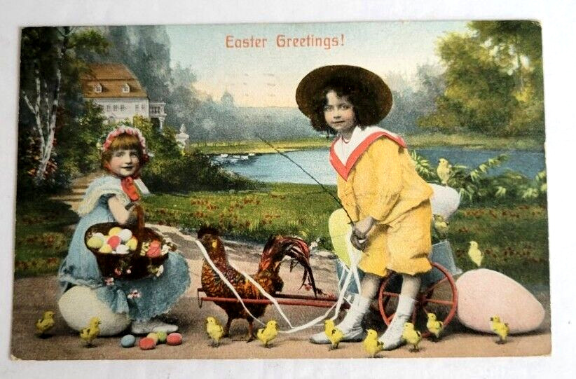 Antique Easter Postcard 1911 Victorian Children Rooster Cart Chicks Vintage 