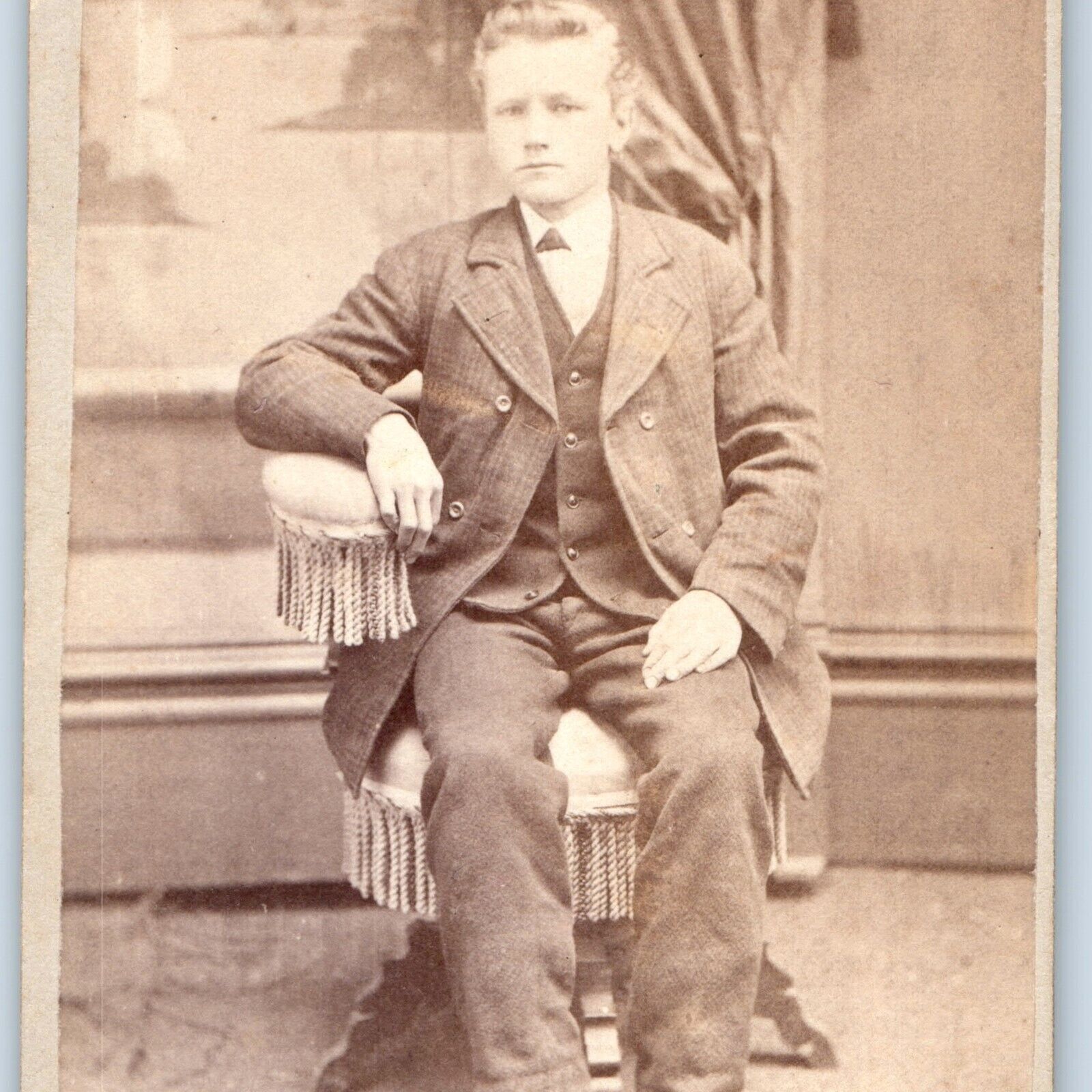 c1870s Handsome Young Man Chair Armrest CdV Photo Card Boy Dapper Fashion H27