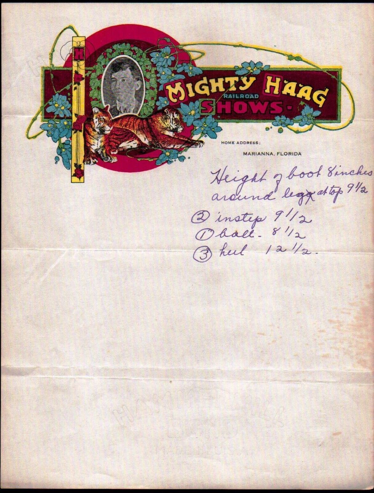 c1915 Marianna Florida - Circus Mighty Haag Railroad Shows - Letter Head Rare