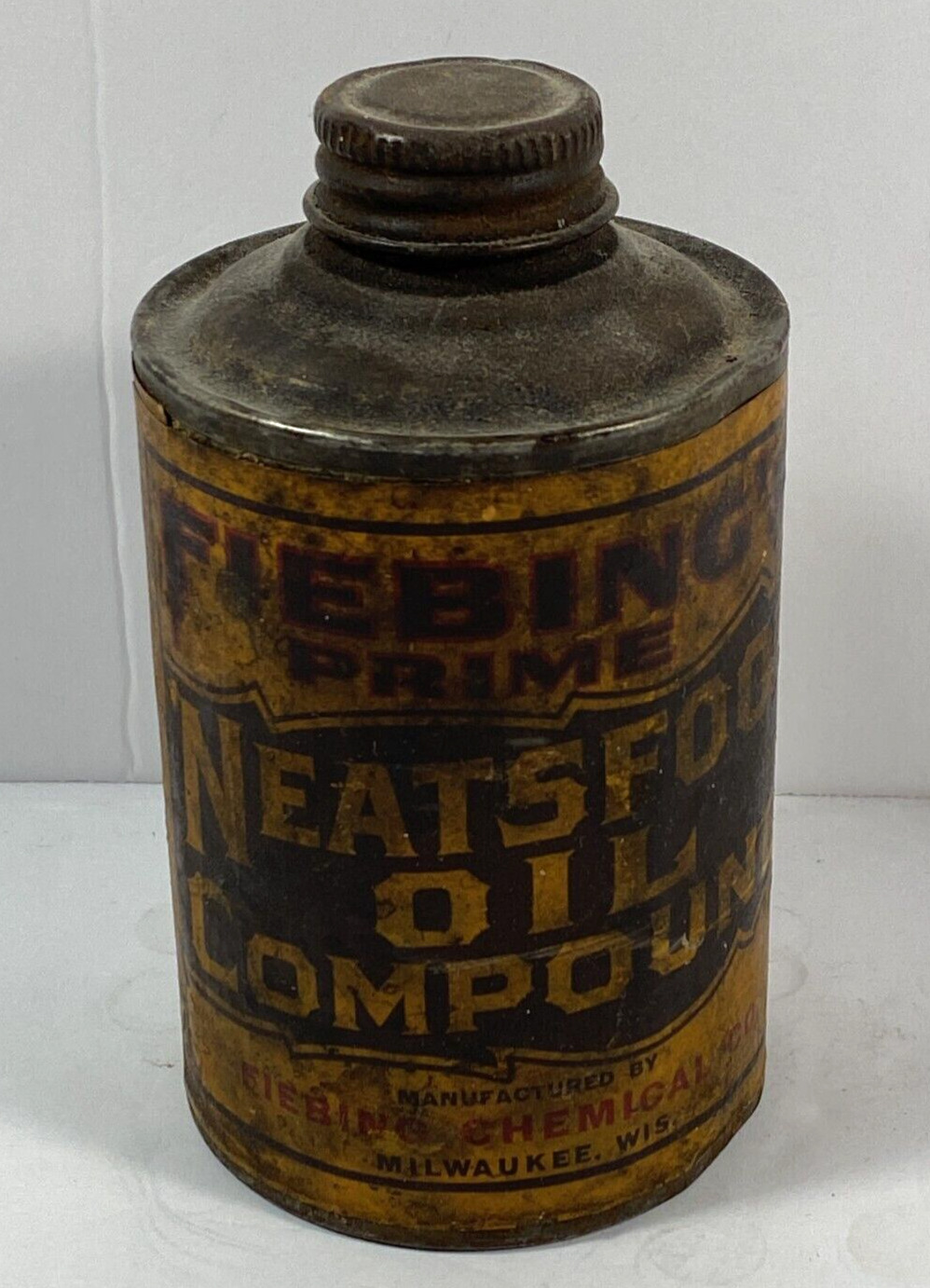 Vintage Fiebing’s Prime Neatsfoot Oil Softener Compound Paper Label Tin Can