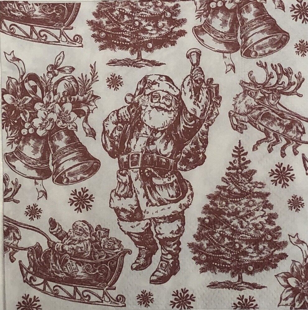 two Individual Vintage Beverage Paper decoupage napkins Christmas Santa Tree