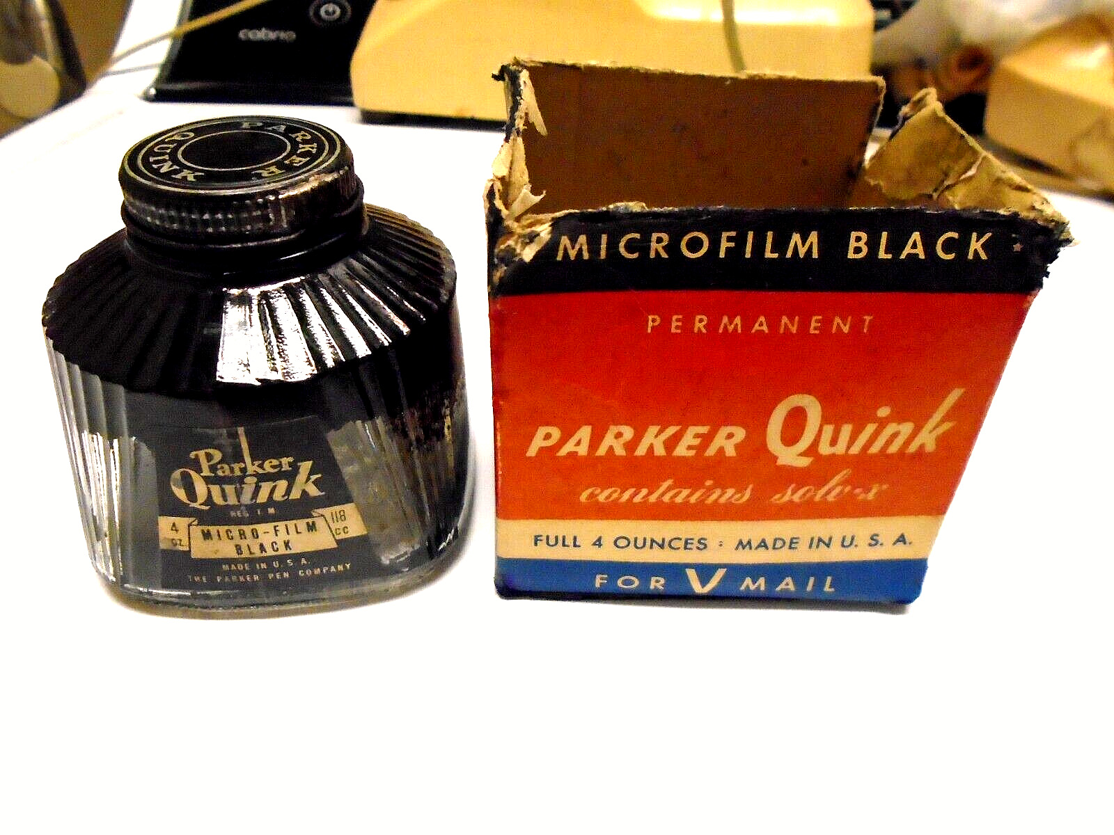 WW2 era  PARKER QUINK INK bottle  -  MICRO-FILM BLACK  - WWII for  V Mail