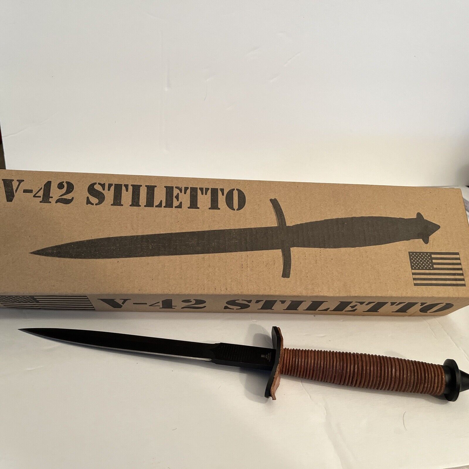 V-42 FSSF Stiletto Dagger Knife Spike Fixed Blade Dual Edge Leather Handle 2140