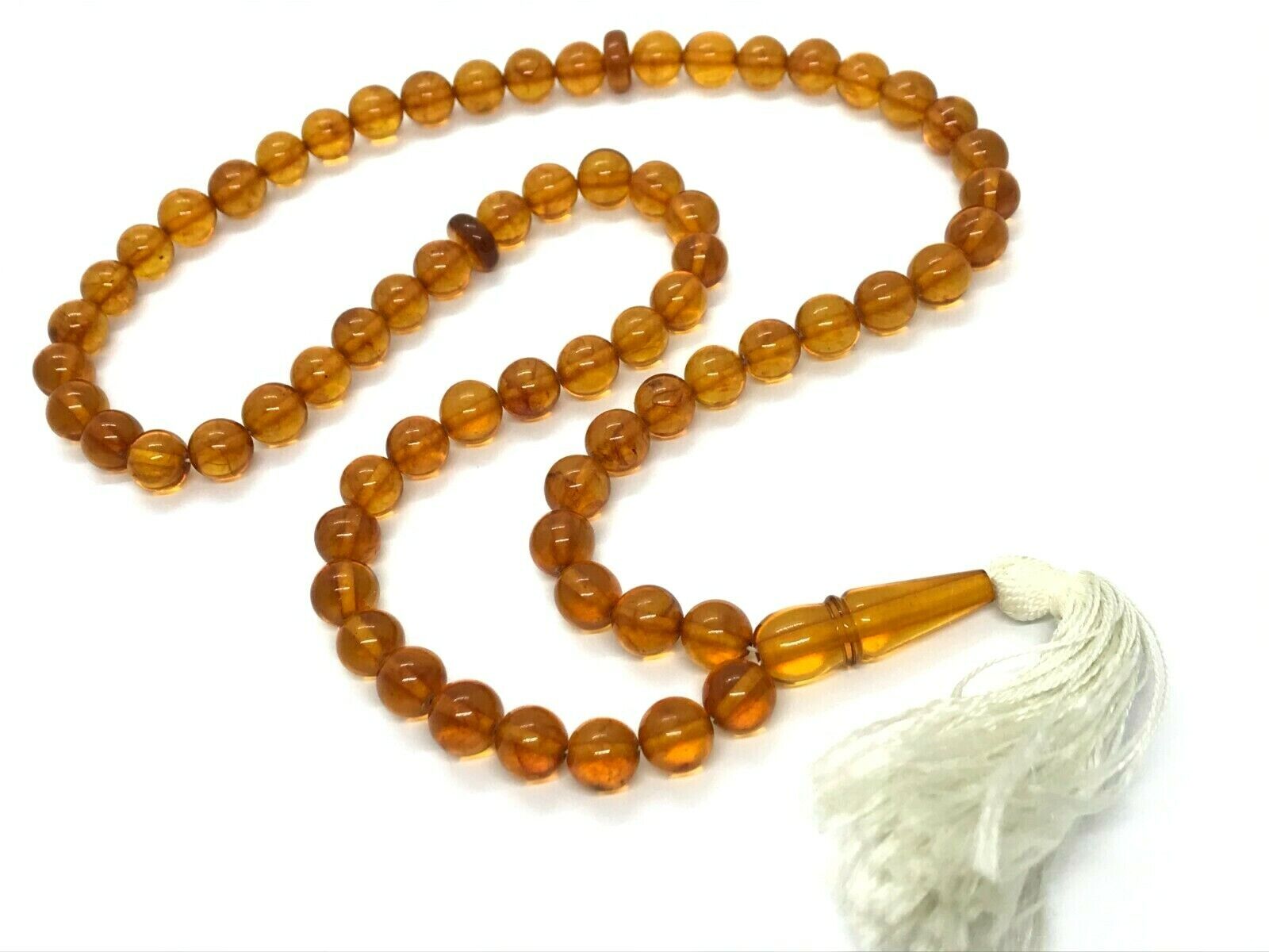 Old Islamic 66 Prayer Beads VINTAGE Pressed BALTIC AMBER Tasbih Round 67g 11422