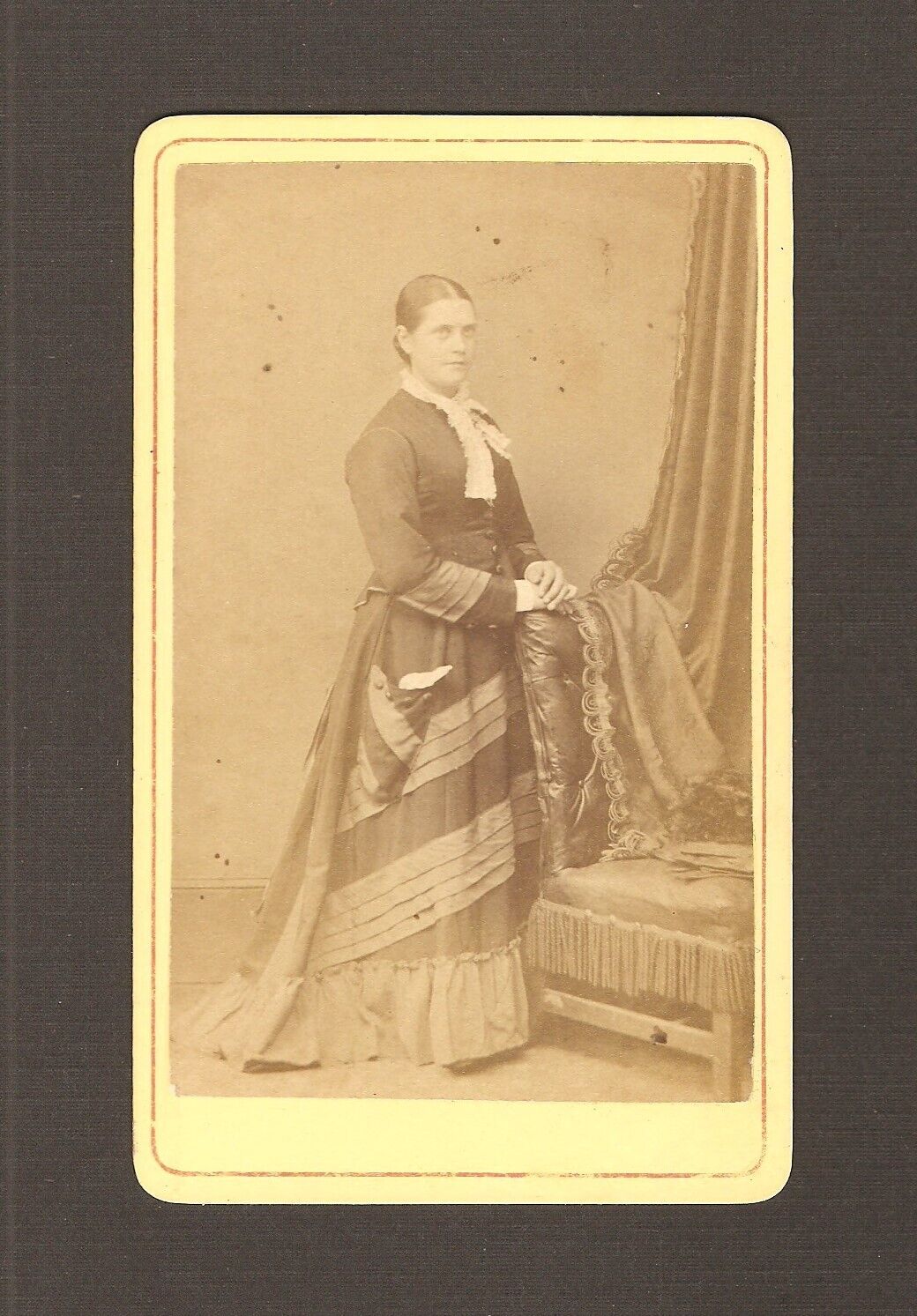 Vintage Antique CDV Photo Victorian Lady Woman w/ Striped Dress Clothing Attire