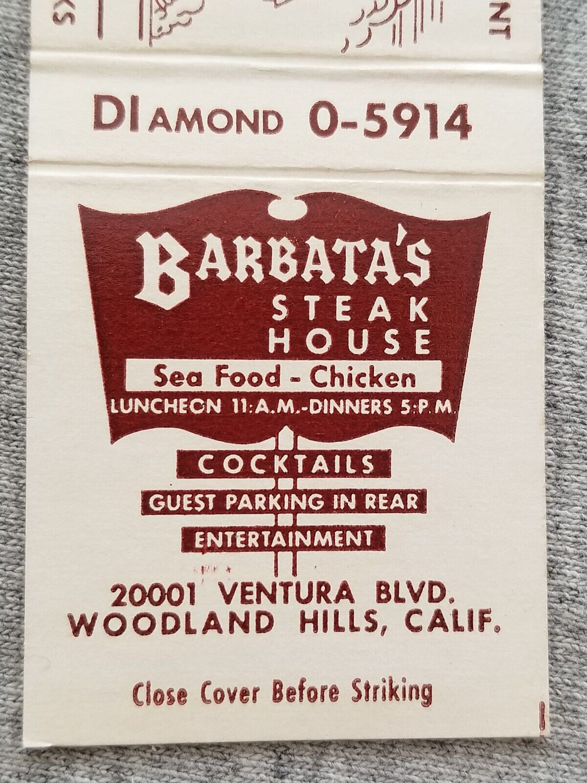 Vtg FS Matchbook Cover Woodland Hills CA Barbata\'s Steak House Cocktails