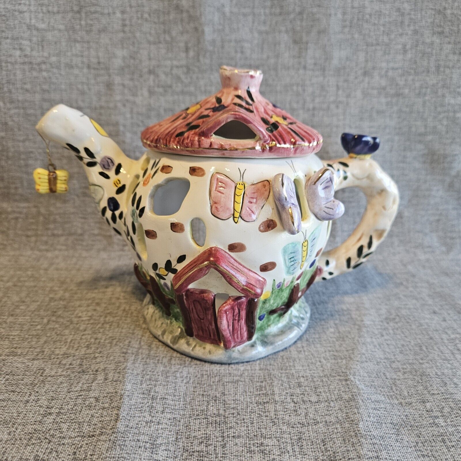 Teapot Cottage Luminary Tealight Candle Holder Hanging Butterfly 