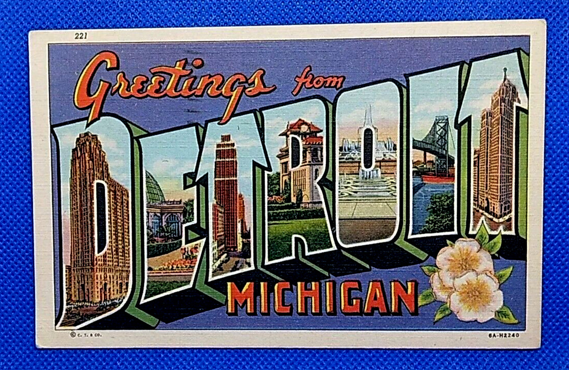 Postcard Greetings From Detroit Michigan Large Letter Buildings Bridge Fountain