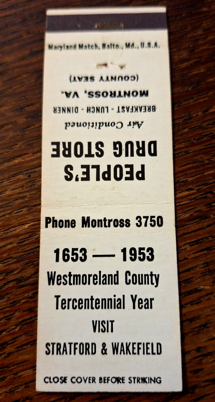 Vintage Matchbook: People\'s Drug Store, Montross, VA Westmoreland Tercentennial