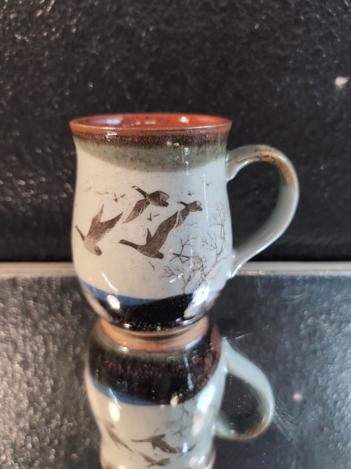 Beautiful Stoneware Pottery Vintage Wild Geese Coffee Mug Cup
