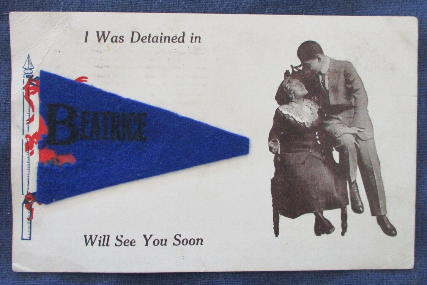 1912 Beatrice Nebraska Felt Pennant Add-On Romance Greeting Postcard & Cancel